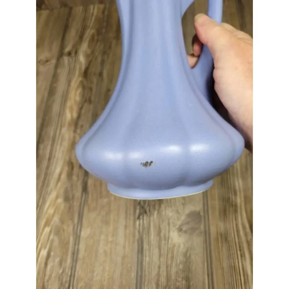 Vintage Camark Pottery Pitcher Periwinkle Blue Ribbed Art Deco Ceramic Ewer Vase